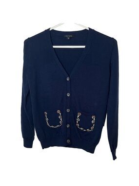 PINK TARTAN Bejeweled Cardigan Sweater Navy Blue V-neck Rhinestone Flowers Small
